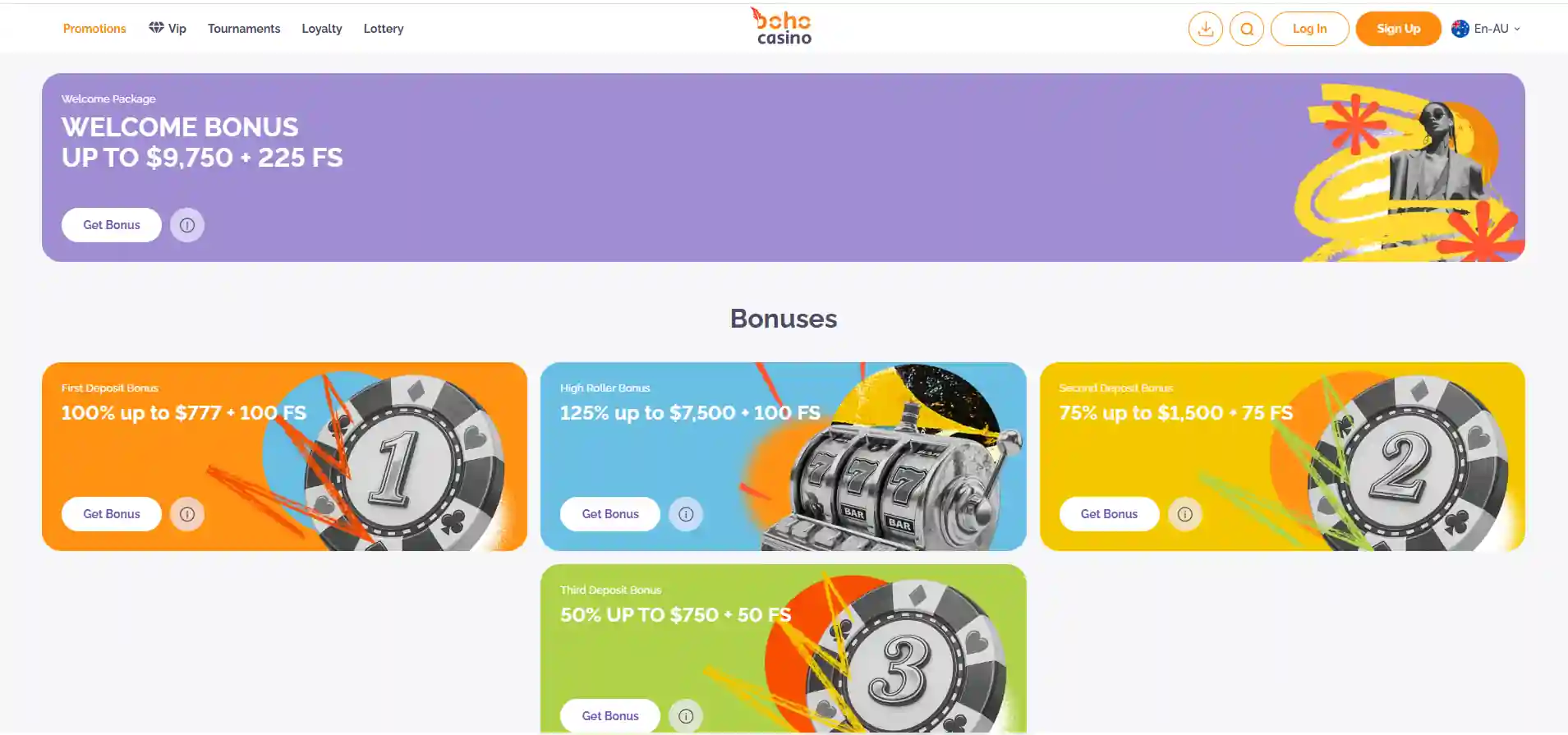 Boho Casino Australia promotions page showing the current welcome offer structure