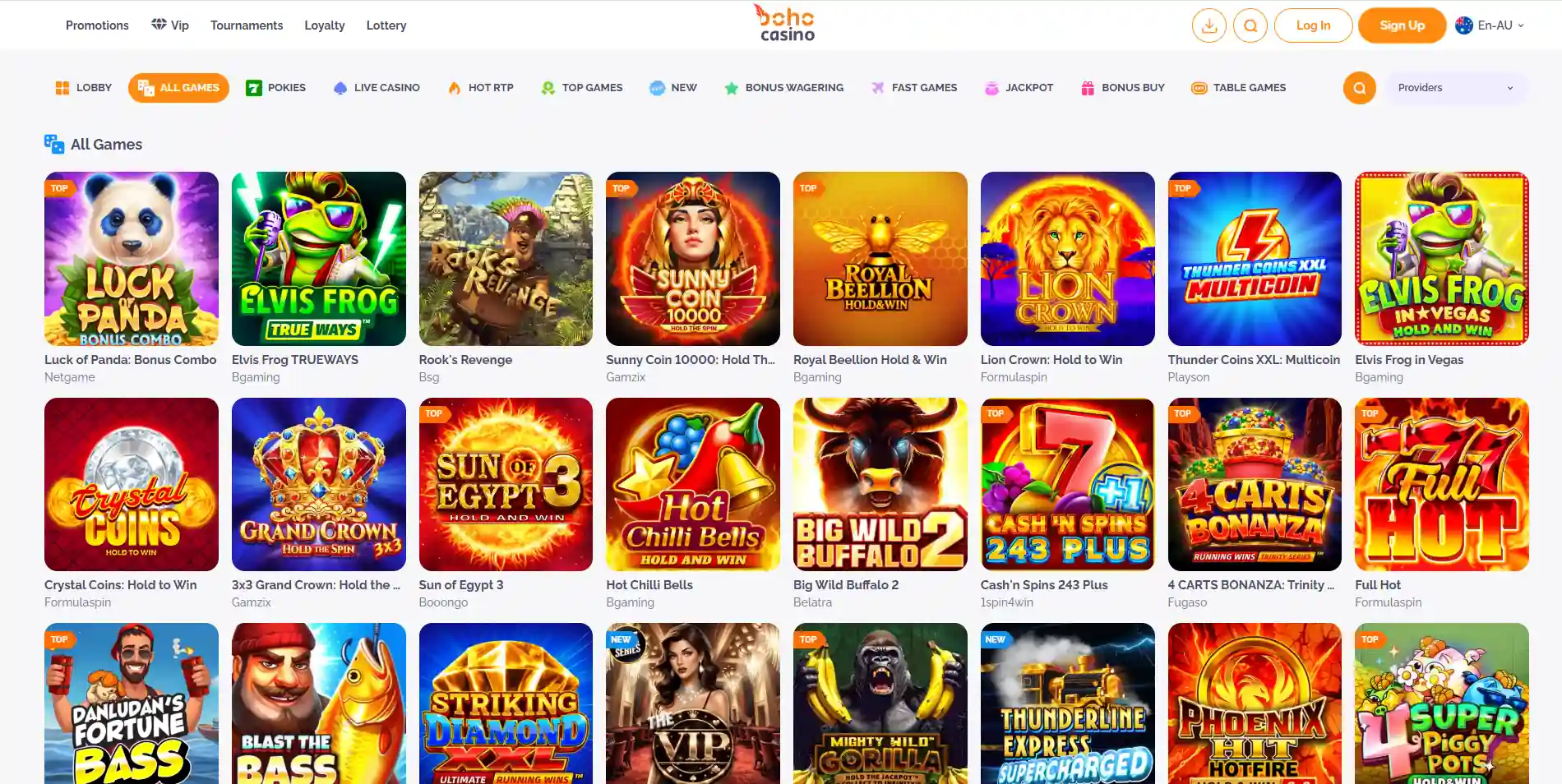 Boho Casino games lobby with pokies, table-game categories and provider navigation