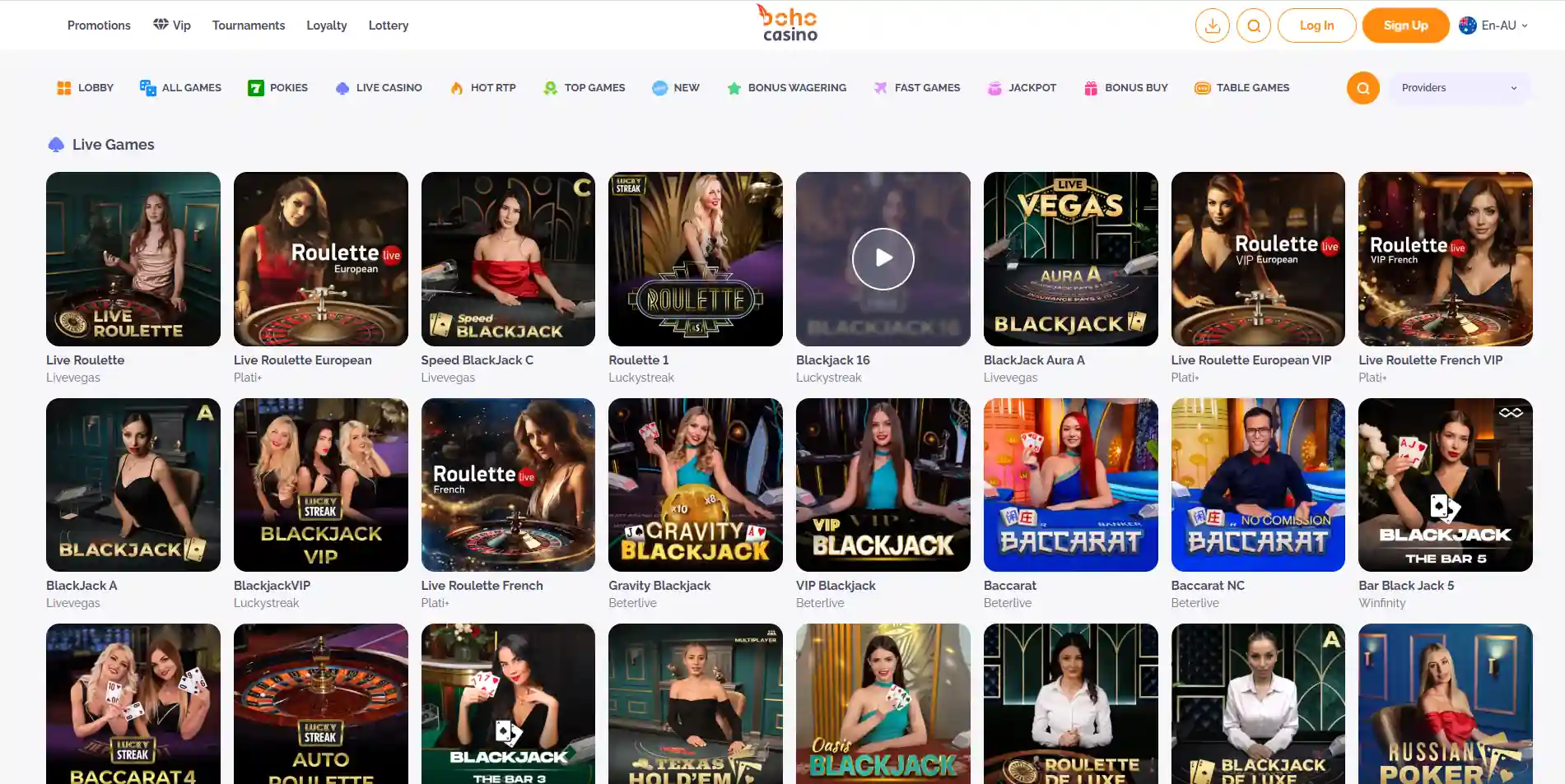 Boho Casino live casino lobby showing current live dealer categories