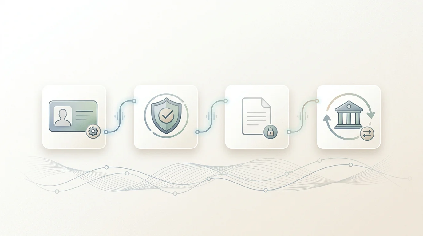 Illustration of a casino withdrawal moving through request, identity checks, internal processing and bank payment