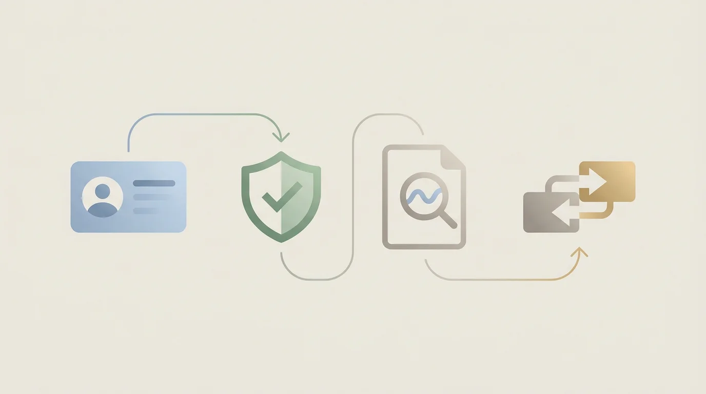 Neutral illustration of casino registration followed by identity and payment verification steps