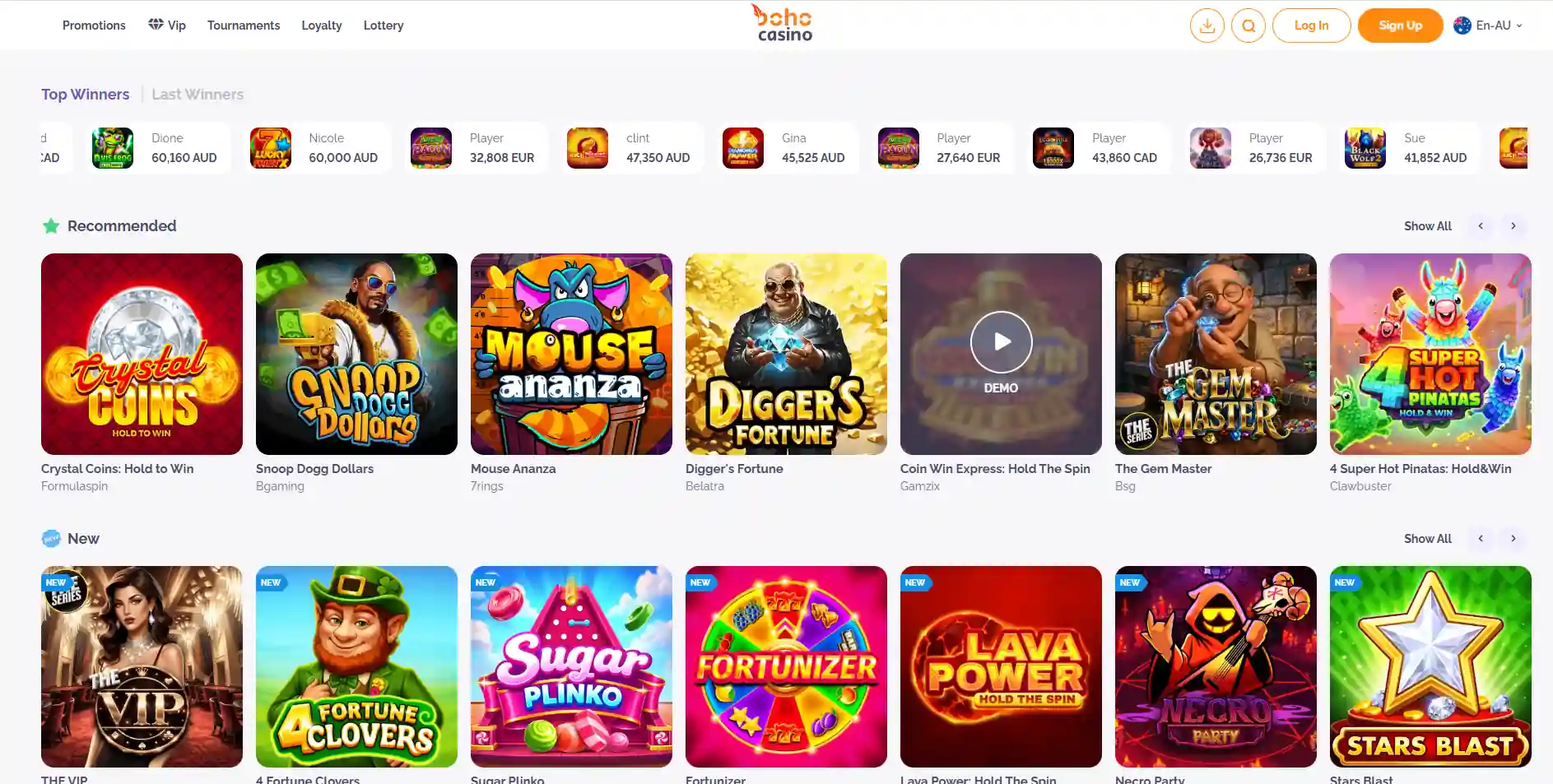 Boho Casino Australia-localised lobby and AUD-facing interface